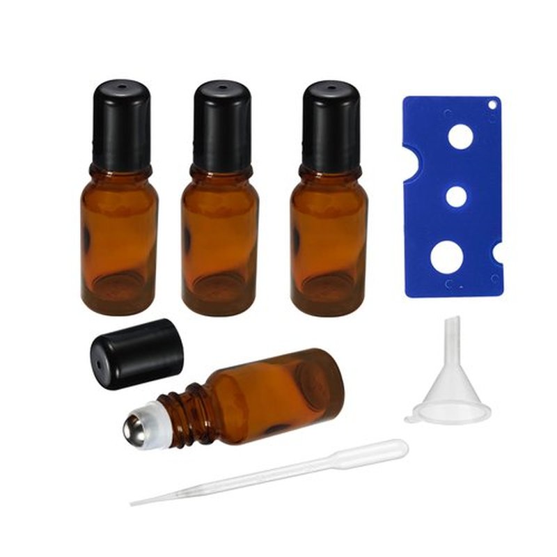 HEYLEAYAR 10ML Roller Bottles for Essential Oil, 4 Pack Empty Amber Glass Roller Bottles for Perfume Oil, Roll on Bottles with Stainless Steel Roller Balls, Opener, Funnel and Dropper
