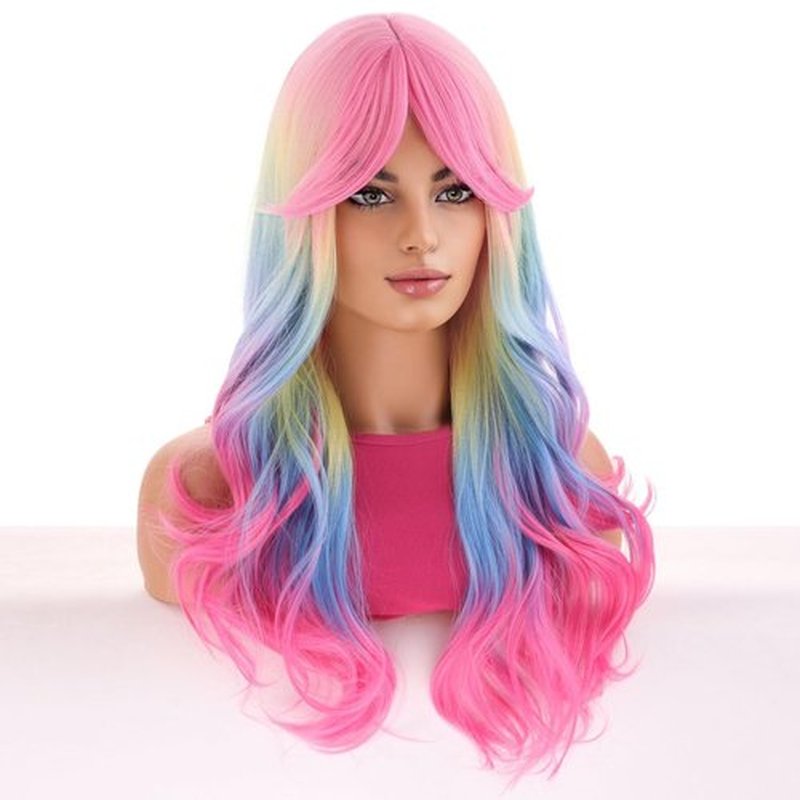 BERON 26 Inches Rainbow Wig Long Wavy Wig with Bangs Synthetic Wig Long Wig Colorful Wigs for Daily Party with Wig Cap