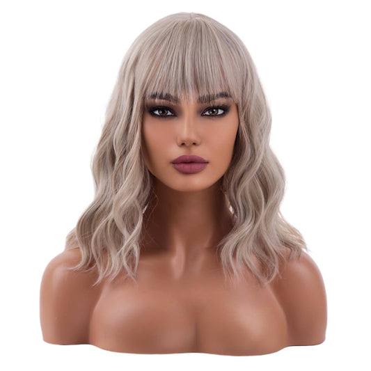 WTHCOS Blonde Wig Short Bob Wig Short Curly Wavy Hair Wig With Bangs Ash Blonde Wig for Women Girls Heat Resistant Synthetic Hair Wigs for Daily Use Cosplay Wig With Wig Cap