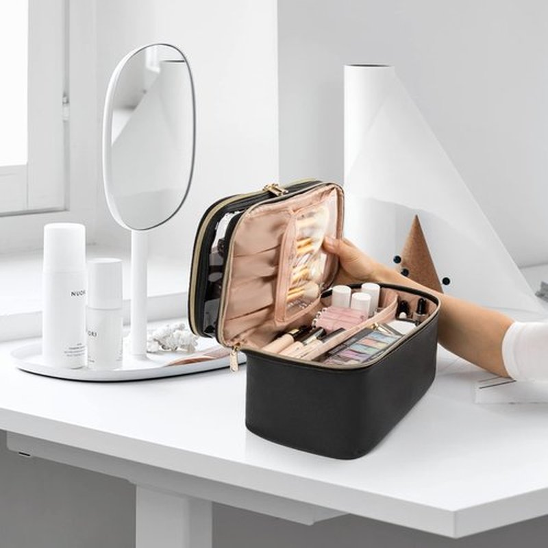 Makeup Bag, Double layer Cosmetic Cases Travel Makeup Organizer Toiletry Bags Large Make Up Bag For Women Girls with Adjustable Dividers and Brush Organize area (BLACK CLEAR)