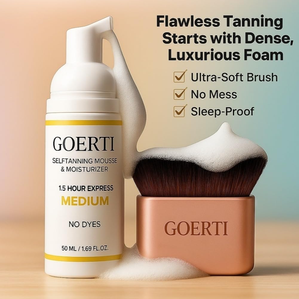 GOERTI Self Tanner Mousse & Tanning Brush Set – 1.5 Hour Express Sunless Tanner for Face & Body | Medium Shade, Long-Lasting & Natural Glow | Vegan DHA Formula, No Streaks, No Dyes, Gentle on Skin
