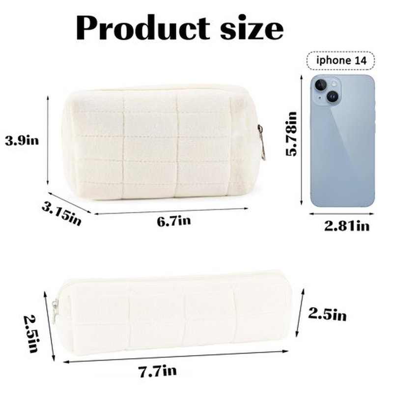 2Pcs Makeup Bag for Women Cosmetic Pouch Travel Small Cosmetic Bag Set Cute Plush White Makeup Pouch Purse Portable Travel Makeup Bag Zippered Toiletry Bag Organizer Trendy Makeup Brushes Storage Bag