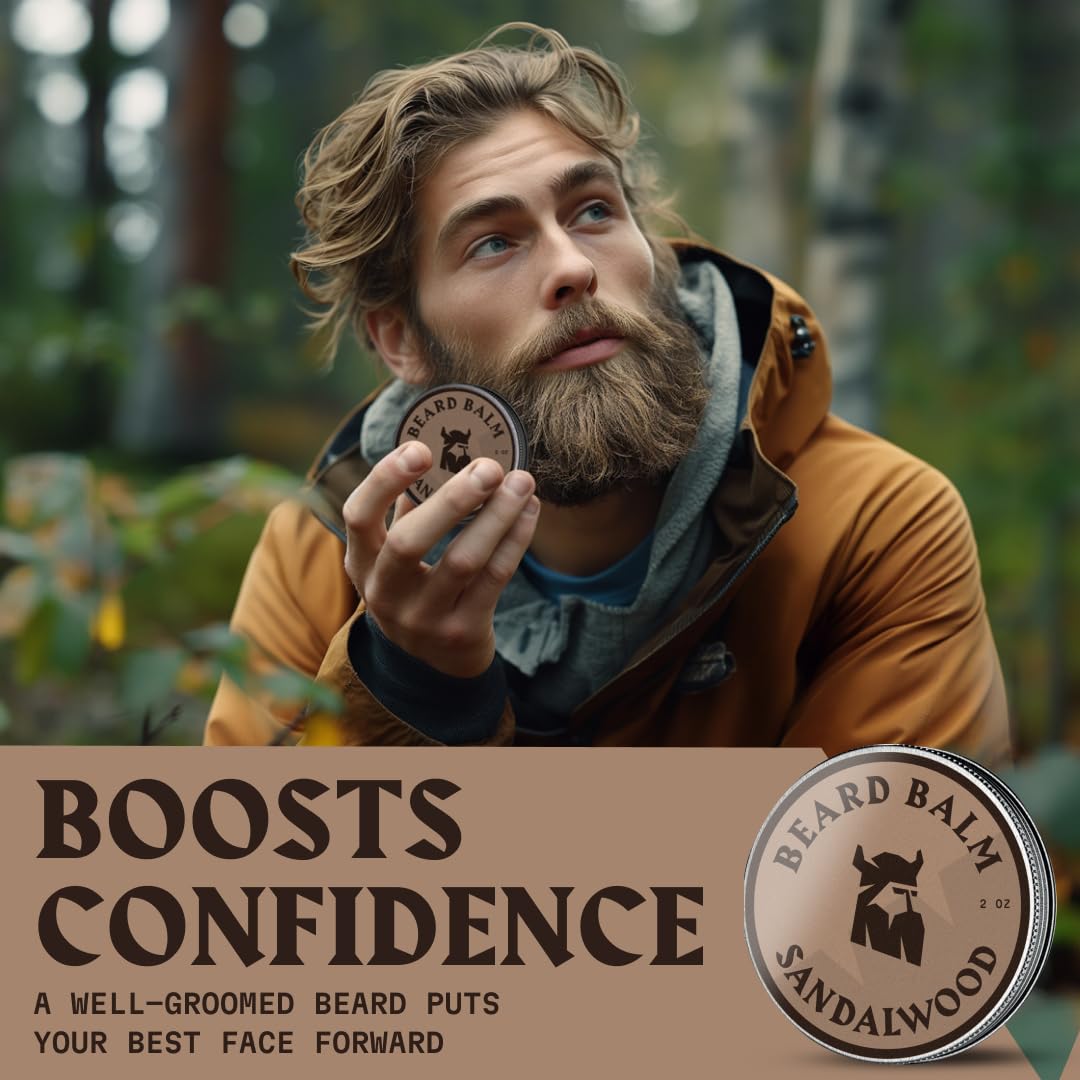 Striking Viking Beard Balm for Men - Sandalwood Scent, 2 Ounces - Leave in Beard Conditioner & Styling Balm - Made with Naturally Derived Argan & Jojoba Oils