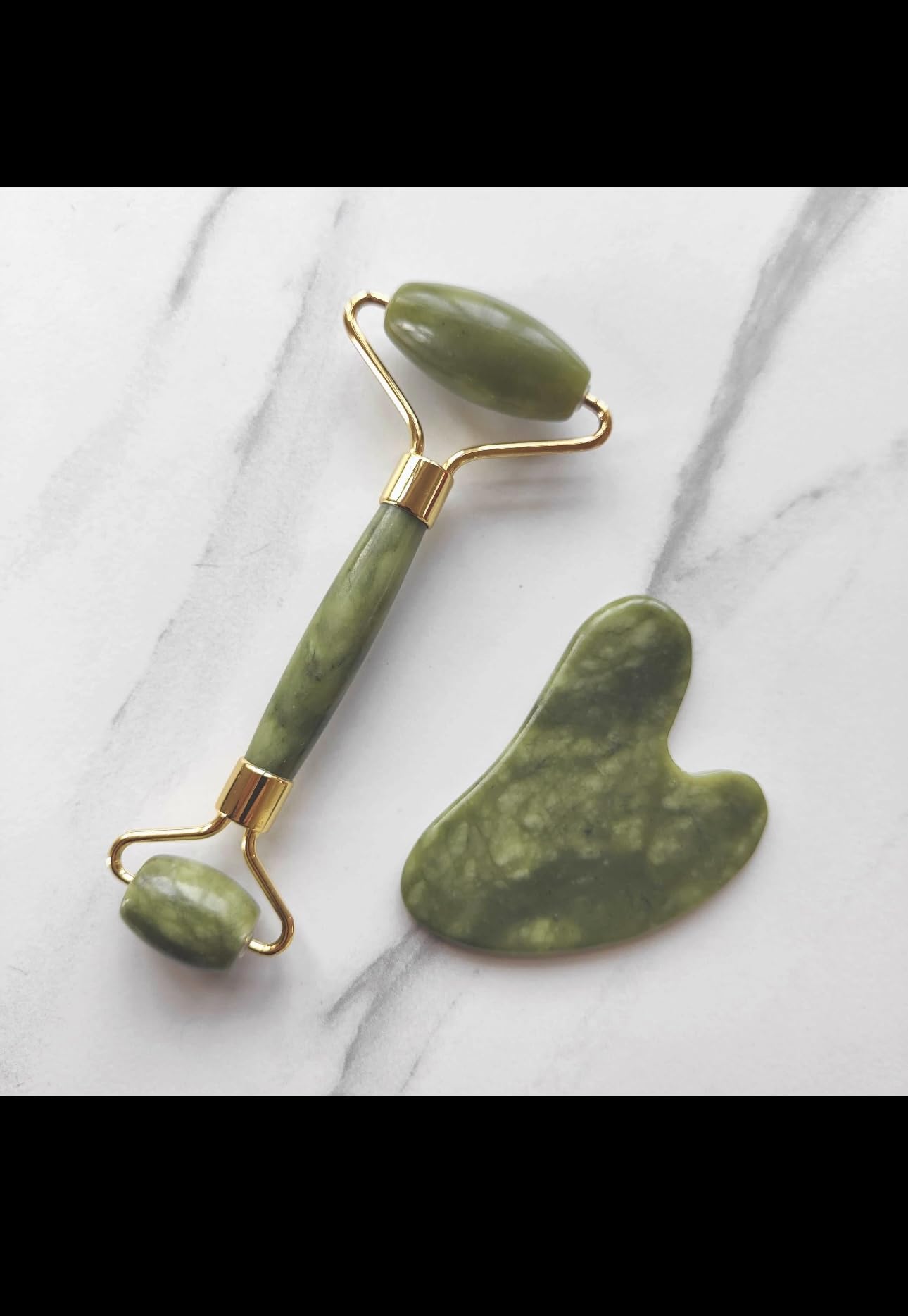 Jade Roller and Gua Sha Set, Natural Green Stone Facial Massage Tools with Gold Accents, 2-Piece Beauty Kit