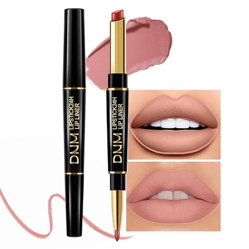 2 in 1 Nude Beige Matte Lip Liner & Lipstick Combination, DNM Metallic Dual Ended Lipstick, Lip Liner, Lip Gloss, 24 Hour all Day Long-Lasting Waterproof Lipliners Pen for Women Lip Makeup Gift Set03