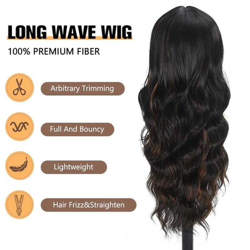 UNNYMGER Black Mixed Brown Wigs with Bangs,Long Curly Wig for Women Long Wavy Wig Synthetic Hair Wig for festival holiday Use 26IN (2-30)