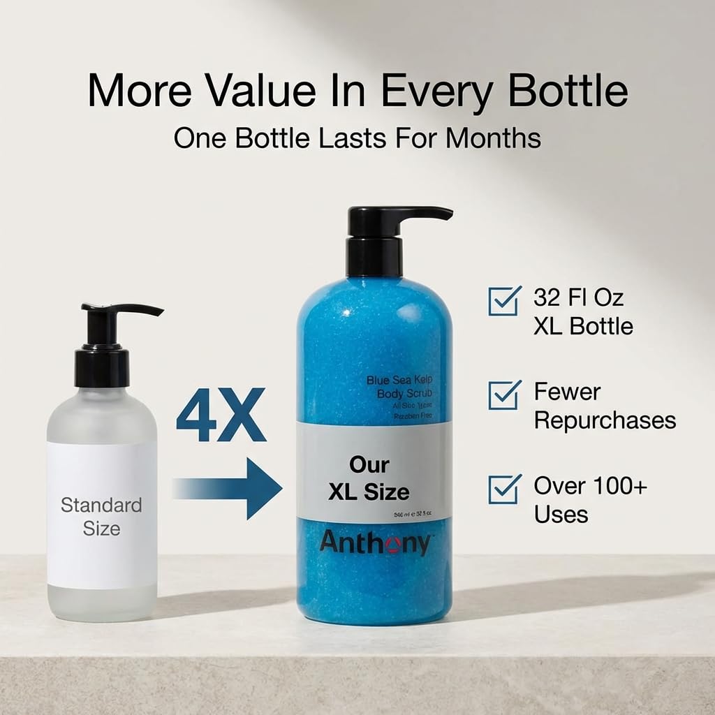 Anthony Exfoliating Body Scrub, Body Exfoliator Scrub with Sea Salt, Vitamin C, Aloe Vera and Blue Sea Kelp, Exfoliating Scrub for Men, Smooth Hydrated Skin, 32 Fl Oz