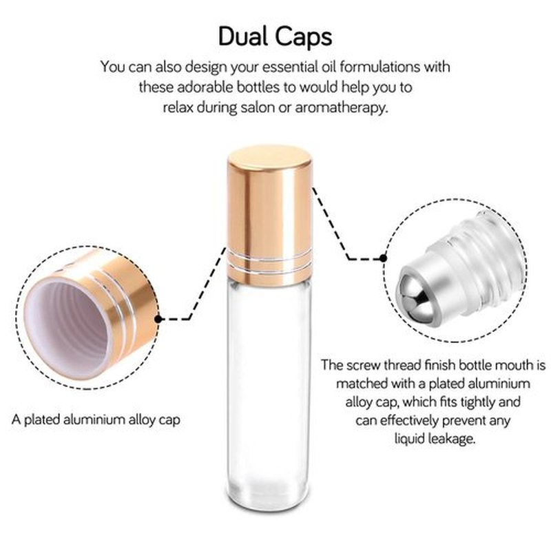 PrettyCare Essential Oil Roller Bottles 10ml (Clear Glass Bottle with Gold Cap, 12 Pack, 2 Extra Stainless Steel Balls, 24 Labels, Opener, Funnels for Oils, Roller on Bottles