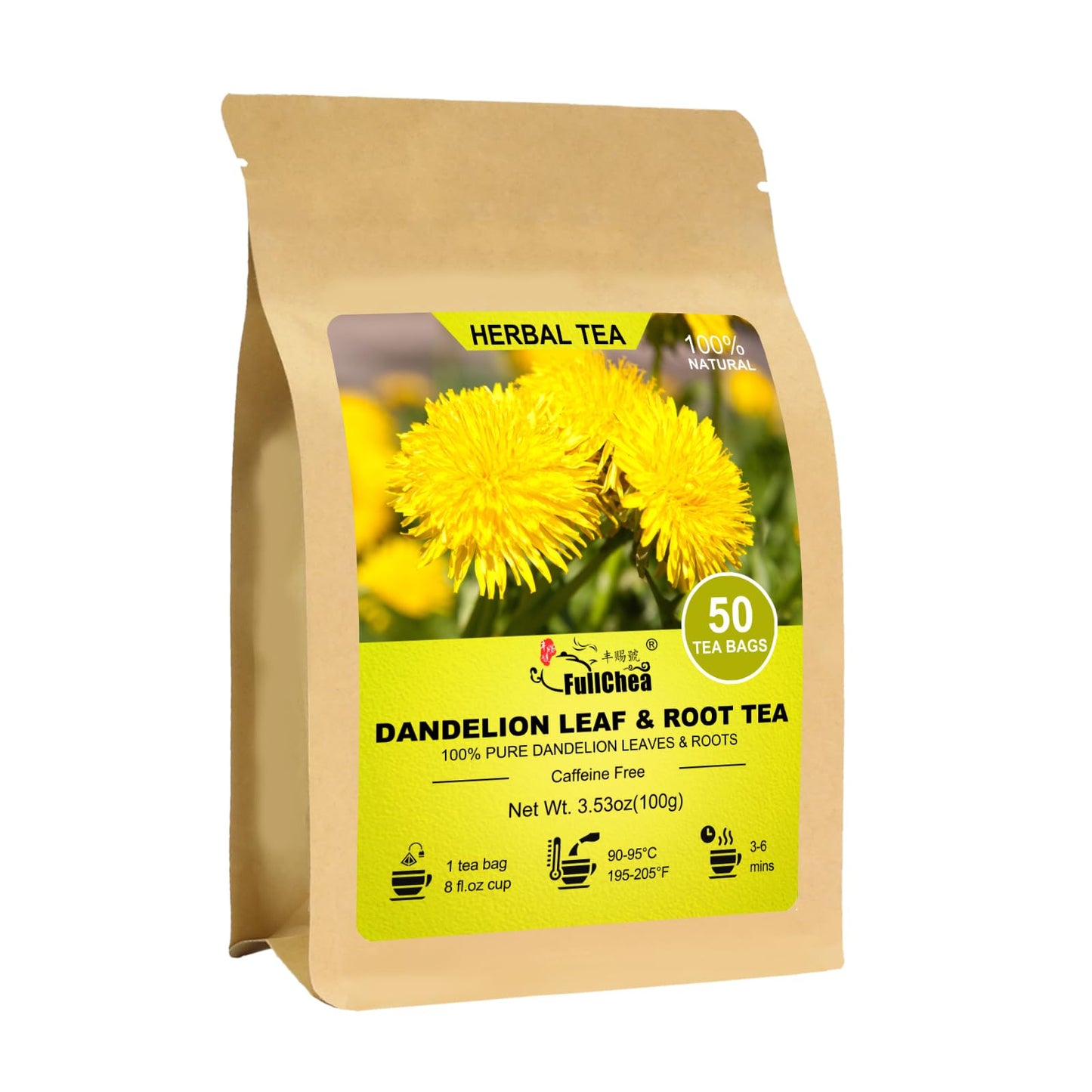 FullChea - Dandelion Leaf & Root Tea Bags, 50 Teabags, 2g/bag - Natural Dandelion Herbal Tea for Liver & Kidney Health - Non-GMO - Caffeine-free - Support Digestion & Boost Immune System