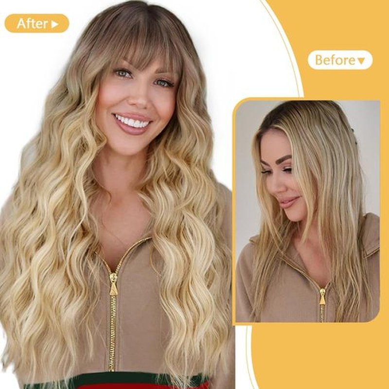 UNNYMGER Blonde Wig with Bangs Long curly wavy Wig for Women Ombre wig with Brown root skin-friendly synthetic fiber wig for festival holiday Use 26IN
