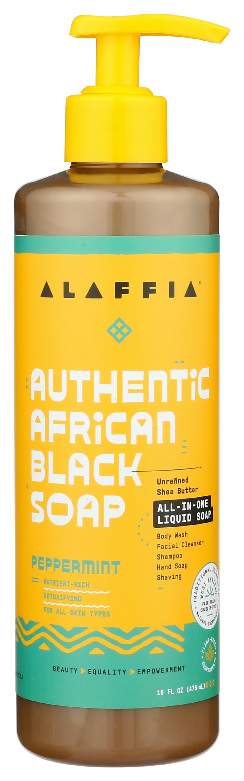 Alaffia - Authentic African Black Soap, All-in-One Body Wash, Shampoo, and Shaving Soap For All Skin and Hair Types, Fair Trade, No Parabens, Non-GMO, No SLS, Peppermint, 16 Ounce