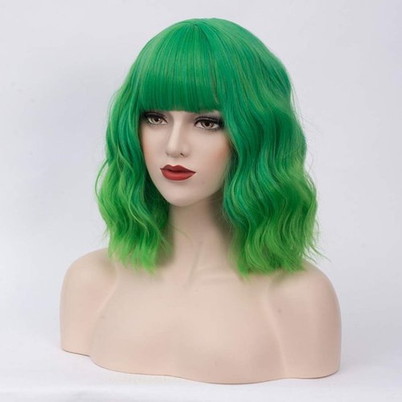 BUFASHION 14" Women Short Wavy Curly Wig Ombre Green Bob Wig Cosplay Halloween Synthetic Wigs Neat Bang Wig With Free Wig Cap (Ombre Green)