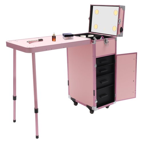 WBGANG Makeup Train Case With 4 Universal Wheels,Portablel Makeup Suitcase With Drawers,Unfold Table And Makeup Mirror,Rolling Cosmetic Storage Organizer For Makeup Artist,Hairstylist,Etc (Pink)