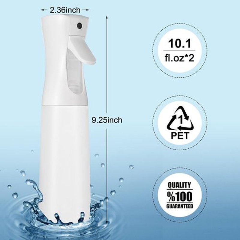 Continuous Spray Bottle for Hair (10.1oz/300ml) 2 Pack Mister Spray Bottles for Cleaning Empty Ultra Fine Water Mist Sprayer for Hairstyling Plant Garden Curly Hair Etc (White)