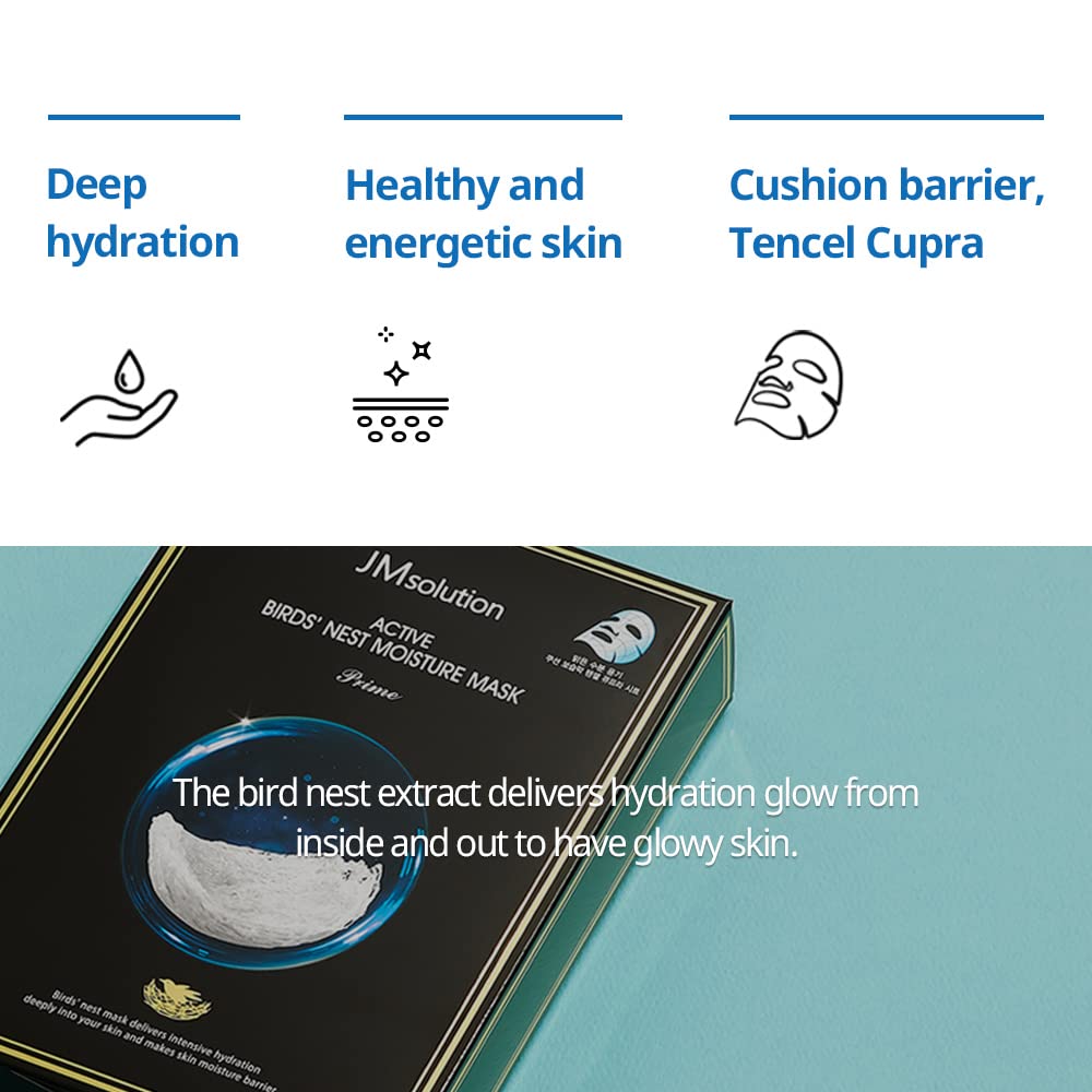 JMsolution Active Bird's Nest Moisture Mask Prime (10 Sheets) | [3.5 Billion Sold] K-Beauty Face Mask with Swiftlet Nest Extract for Deep Hydration & Radiance | Revitalizing Facial Sheet Mask