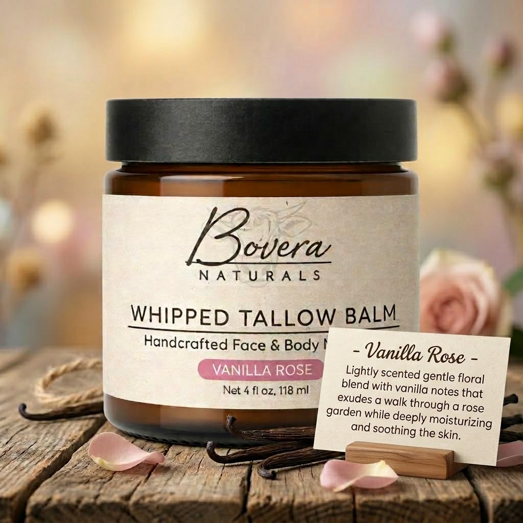 Bovera Naturals Tallow Moisturizer, Vanilla Rose Scent Face and Body Cream, 100% Organic Grass-Fed Beef Tallow, Non-Greasy for Dry Sensitive Skin, Eczema Cream and Body Butter, 4 fl oz