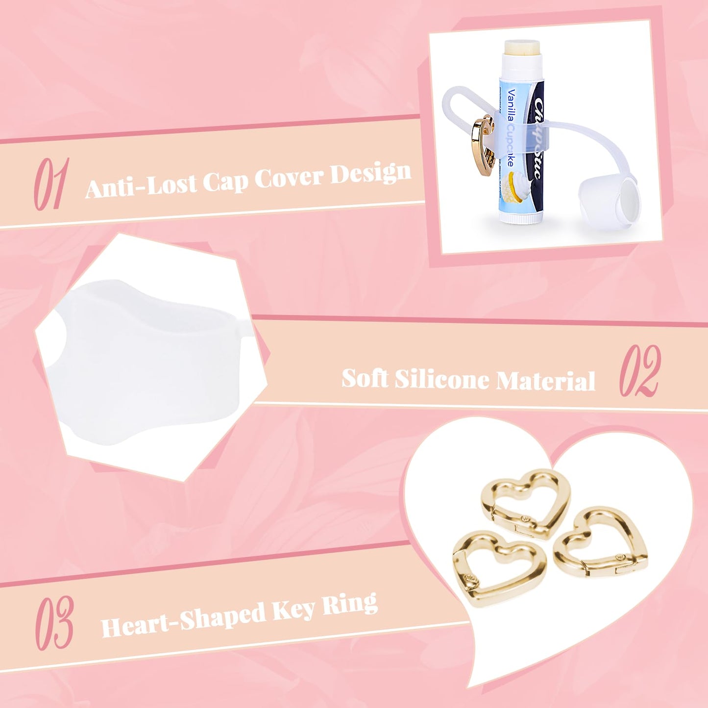 Likesing Chapstick Holder Key Chain, Silicone Lip Balm Holder with Cap Cover, Sleeve Lip Balm Holder Key Chain with Heart-shaped Key Ring(Clear Black Pink)