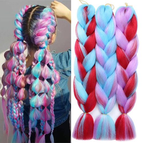 Xiaofeng Colorful Ombre Braiding Hair Extensions 24 Inch 3 Packs High Temperature Jumbo Crochet Braiding Hair for Box Twist Braids (24 Inch (Pack of 3), Rainbow 7)