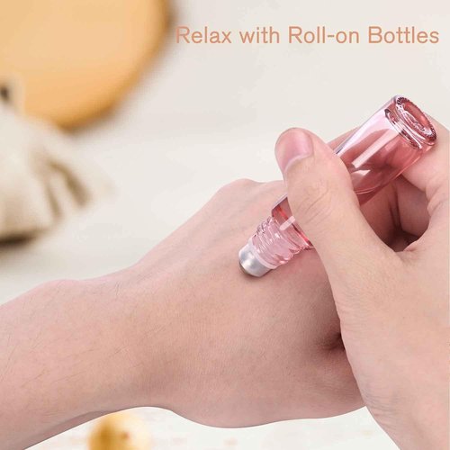 PrettyCare Roller Bottles For Oils 10 ml (Pink Glass, 60 Pack, 10 Extra Stainless Steel Balls, 72 Labels, 4 Opener, 7 Funnels Essential Oil Roller Bottles, Roller on Bottles