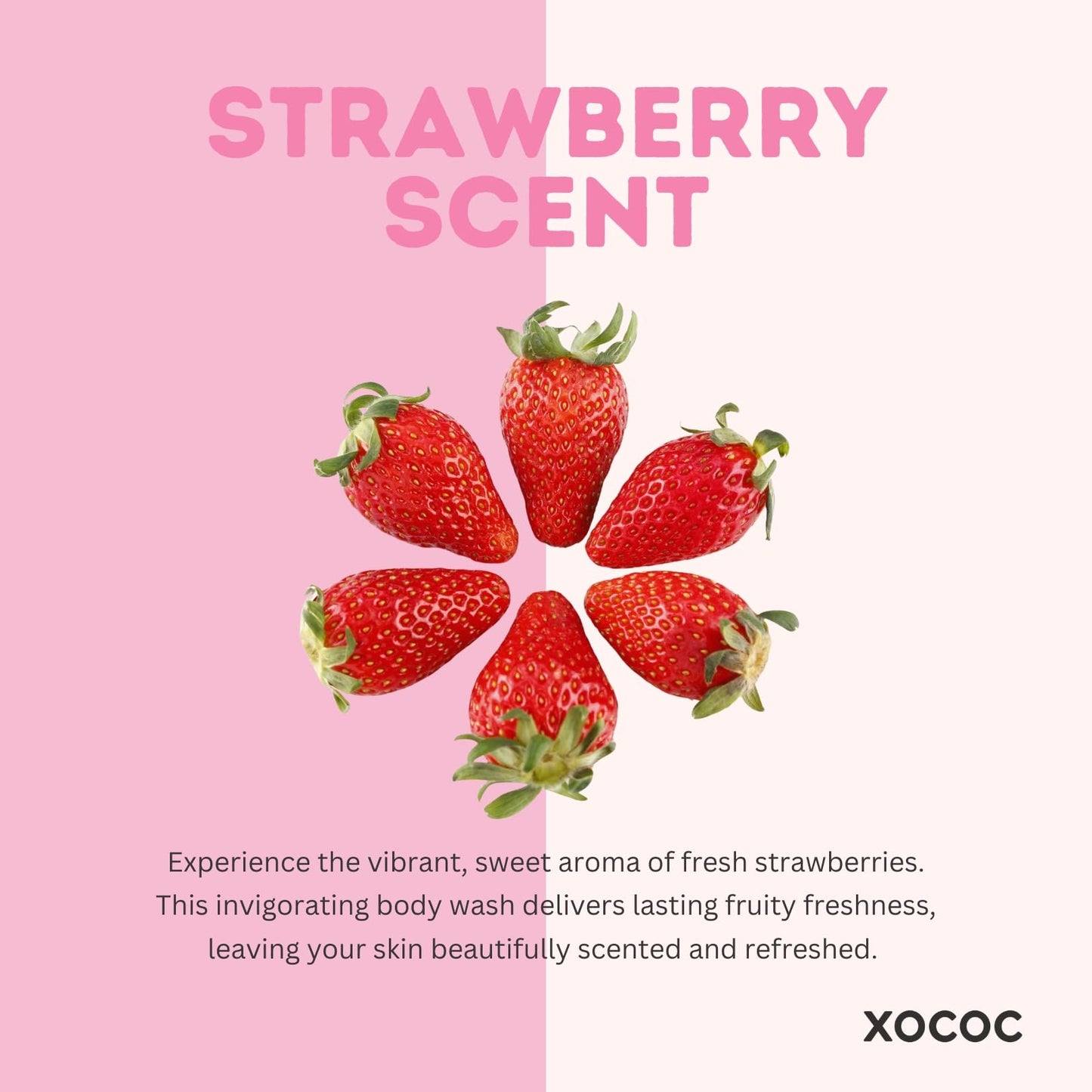 XOCOC Strawberry Milk Body Wash, 33.8 fl oz, Moisturizing Body Cleanser with Milk Protein & Strawberry Scent, Creamy Lather for Soft Smooth Skin, All Skin Types, Paraben Free, 1 Liter