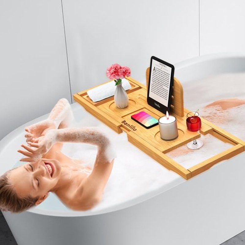 Premium Bamboo Bathtub Tray Caddy - Bath Tray - Bath Tub Tray Table for Bathtub - Bath Caddy Tray for Bathtub, Expandable Size, Fits Most Bath Tubs