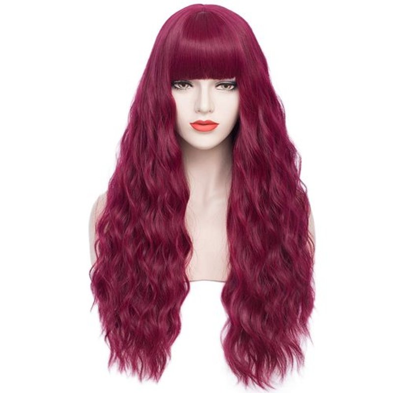 PATTNIUM Dark Red Wig Long Curly Wavy Wig Red Wig with Bangs for Women Burgundy Wig Synthetic Halloween Cosplay Wig (Dark Red)