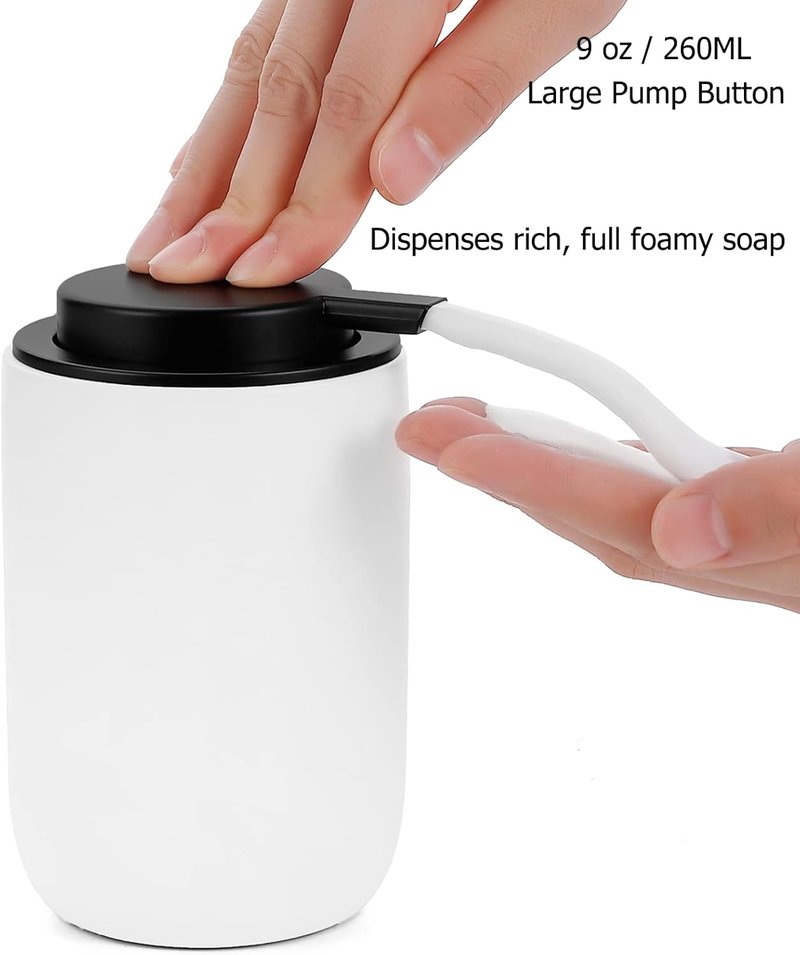 Foaming Soap Dispenser - Thick Ceramic Liquid Pump Bottle Set | 2 Pack White for Bathroom & Kitchen
