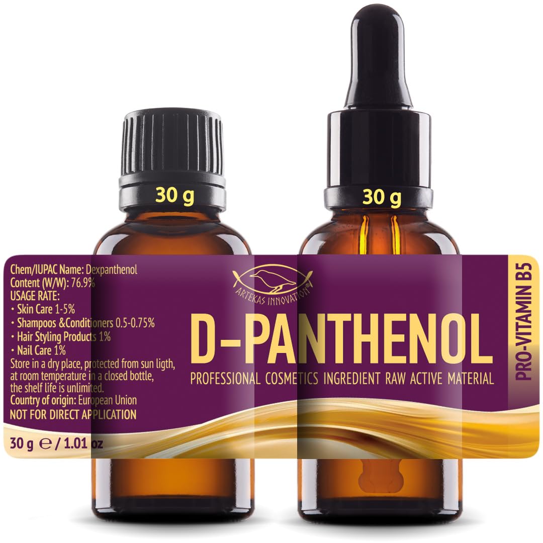 Artekas Innovation D‑Panthenol 76.9% Concentrate – Cosmetic Grade Pro‑Vitamin B5 – for DIY Serums, Creams & Hair Care - 2 vials of 1 Ounce Each - with Pipette and Screw Cap
