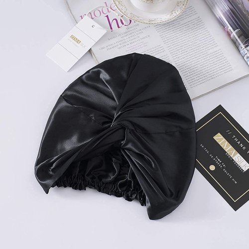 ZIMASILK 22 Momme 100% Mulberry Silk Bonnet for Sleeping & Women Hair Care, Highest Grade 6A Silk Hair wrap for Sleeping with Premium Elastic Stay On Head (1Pc, Black)