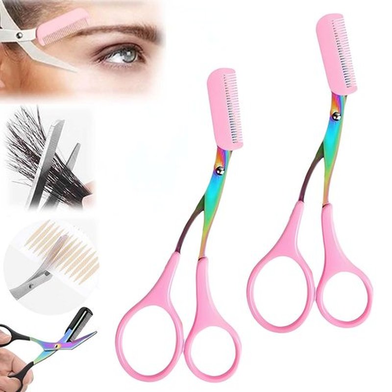 Eyebrow Trimmer Scissor, 2 in 1 Non-Slip Eyebrow Cutter Hair Removal Eyebrow Scissors with Comb, Eyebrow Grooming Scissors Makeup Tool, Eyebrow Trimmer for Men Women Ladies, 2Pcs Pink