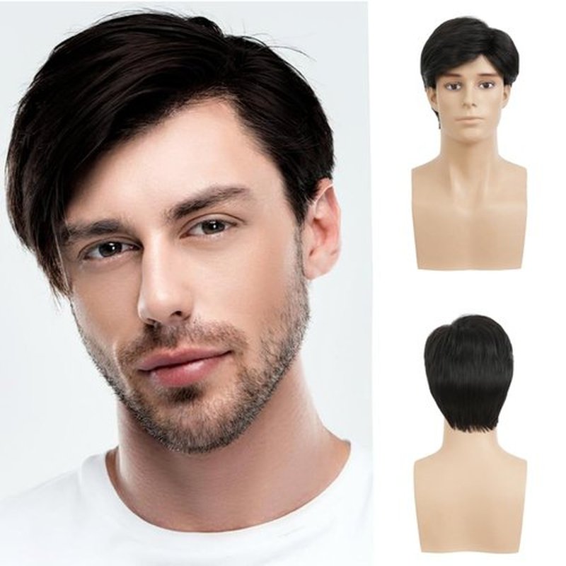 Amnenl Black Short Wig for Men Side Part Straight Natural Synthetic Heat Resistant Wig for Daily Party Use