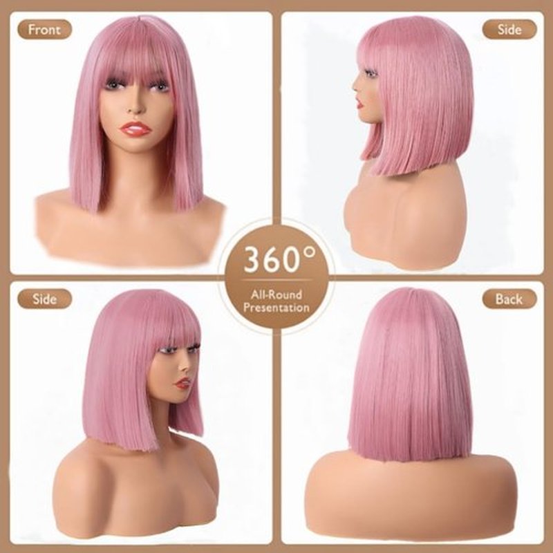 Tangyaoyusun 12Inch Black Wig with Bang Short Straight Bob Hair For Girls Women Theme Party (Pink)