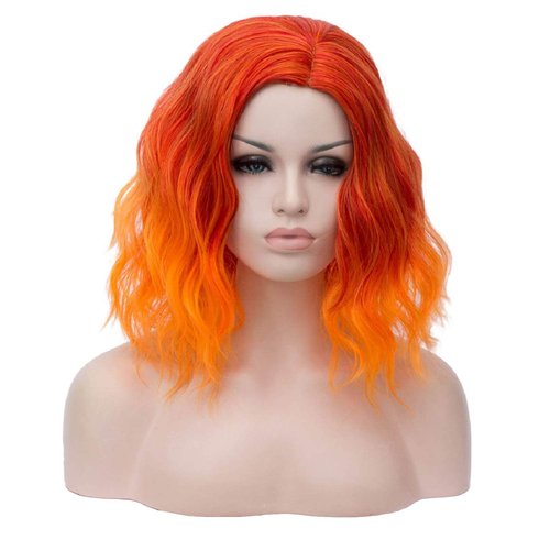 MAGQOO Orange Wig Flame Fire Wig Side Part Neon Orange Wig Women Girls Short Curly Wavy Orange Ombre Wigs Synthetic Cosplay Costume Wigs