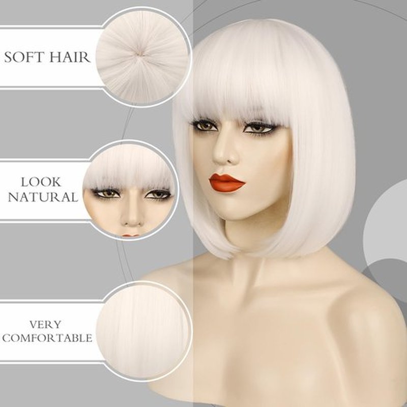 MOSINA White Bob Wig with Bangs,Short Bob Wigs for Women Straight Hair Wig Synthetic Party Wigs for Women Girls 12 Inch Colorful Wigs Halloween Wigs