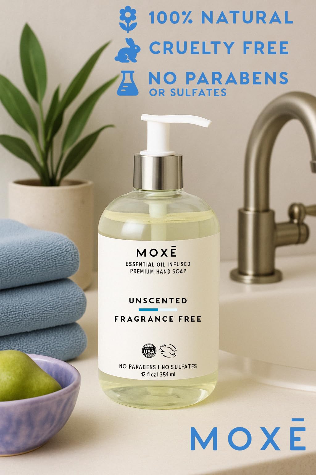 MOXE All Natural Hand Wash – Unscented Fragrance-Free– Gentle Formula, Organic & Plant-Based – For Kitchen & Bathroom – Biodegradable, Vegan, Cruelty-Free, No Sulfates or Parabens – 12 oz