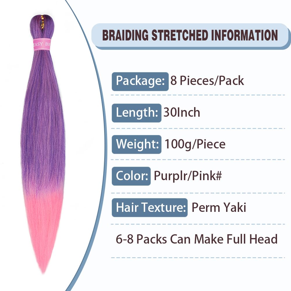 ZERAL Braiding Hair Pre Stretched 30 Inch 8 Packs Braiding Hair Professional Itch Free Yaki Texture Hair Extensions for Braids Synthetic Hair Braiding for Women and Girls (Purple/Pink#)
