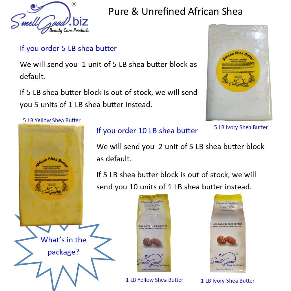 SmellGood Yellow color Raw Unrefined Ghana Africa Pure 5 Pounds, yellow, Shea Butter, 80 Ounce