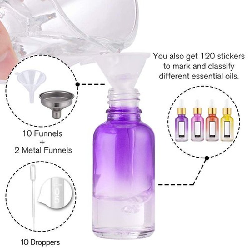 Eye Dropper Bottle 2 oz (63 Pack Rainbow Glass Bottles 60ml with Golden Caps, 2 Extra Eye Droppers, 120 Labels, 10 Funnel & Measured Pipettes)