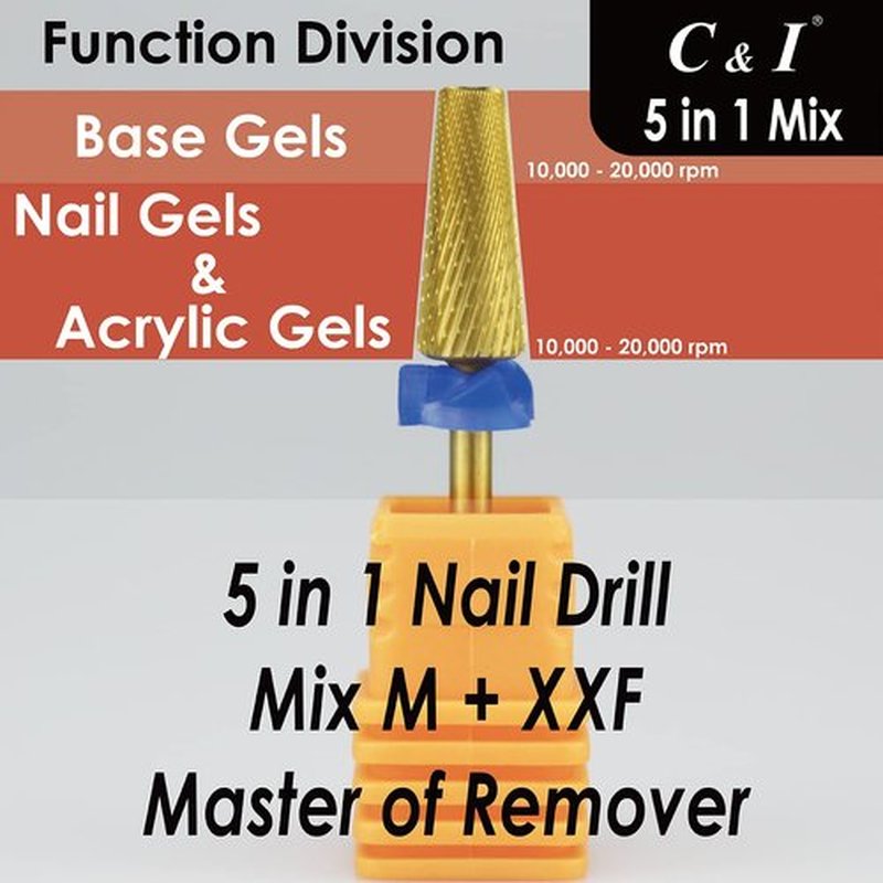 C & I 5 in 1 Nail Drill Bit, Mixed Sizes Edition, Cross Teeth, 2 Way, Professional Multi-function Nail Drills for Electric Manicure Drill Machine, Shank 3/32” (Mix, M & XXF)