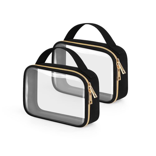 Wedama TSA Approved Toiletry Bag, 2 Pack Clear Makeup Bags with Handles, Quart Size Clear Toiletry Bags, PVC Clear Cosmetic Bags for Women and Men, Carry on Airport Airline Compliant Bag, Black