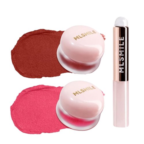 Lip Pudding Pot, Lip & Cheek Blurry Pudding Pot, Blurring Makeup Blush, Buildable Lightweight, Multi-Use Soft Matte Velvet Finish,With A Lip Pudding Pot Brush (04 meraki+05 cupid)