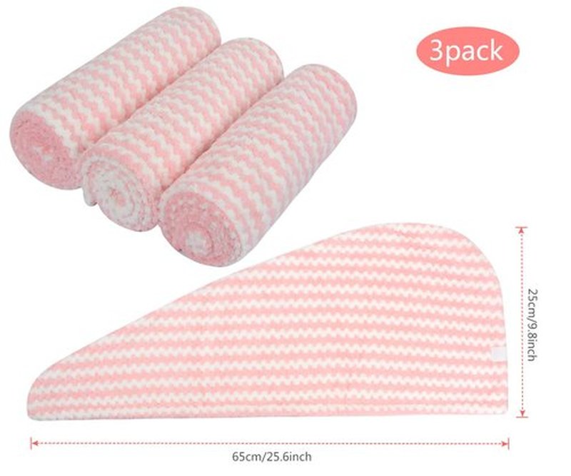 VIVOTE Microfiber Hair Towel Turban Wrap - 3 Pack, Hair Fast Drying Hat, Hair Dry Cap, Head Turban, Super Absorbent, Soft, Lightweight, Anti Frizz, Women 10 x 25.5 Inch (Light Pink)