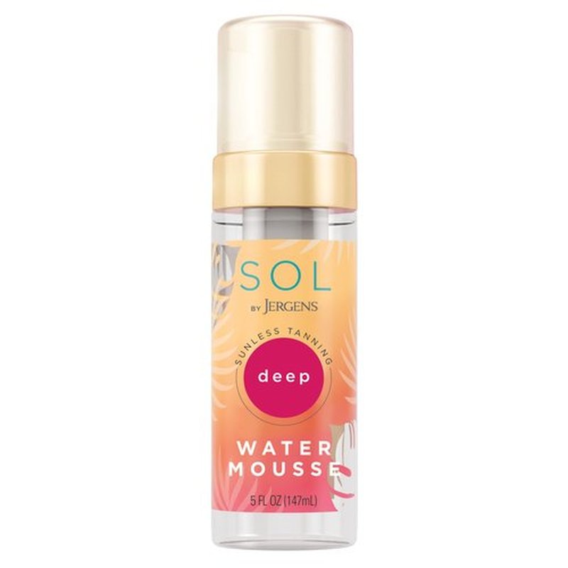 SOL by Jergens Deep Water Self Tanner Mousse, Water-based Sunless Tanner with Coconut Water for Fake Tan, Dye-free Tanning Active Derived from Natural Sugars, Deep Color, 5 Ounce