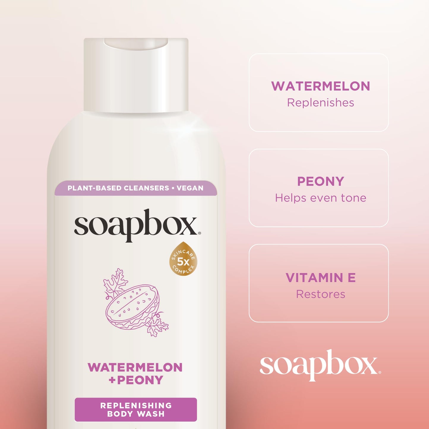 Soapbox Moisturizing Body Wash, Watermelon & Peony Shower Gel - Hydrating Natural Body Wash with Shea Butter - Clean Ingredients Free of Harsh Chemicals, Sulfates, Parabens & Silicones - 3 Pack