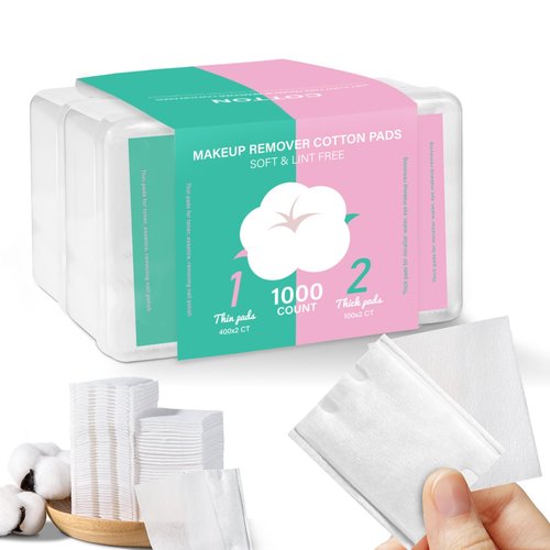 ICOTLE Square Makeup Cotton Pads, 200 Thick + 800 Ultrathin Soft Lint Free for Removing Makeup, Lint-Free Multi-Purpose Facial Cotton Pads for Toner