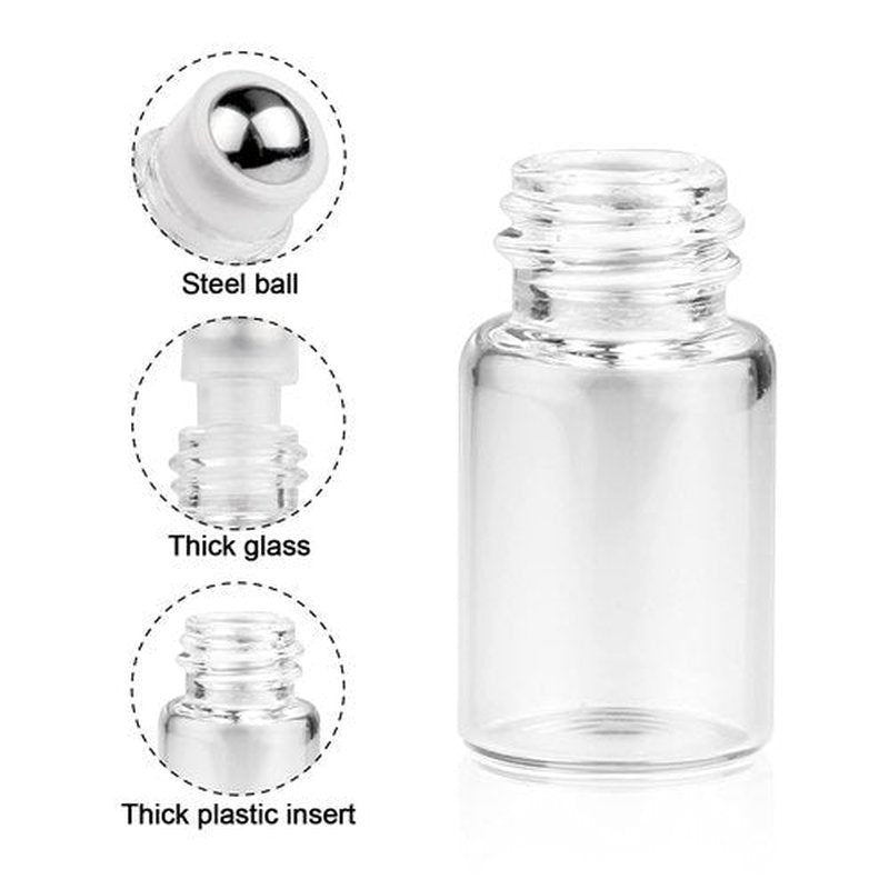 Wresty 25 Pcs Clear Glass Mini Roll On Bottles Empty Essential Oil Roller Ball Bottles Perfume Lip Blam Cosmetic Sample Vials Roller Glass Bottles Container With Black Cap (3ml)