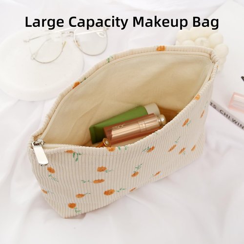 Wudimeitt Cosmetic bag Makeup bag Preppy Cute Corduroy Toiletry bag for women travel essentials (Yellow rose)