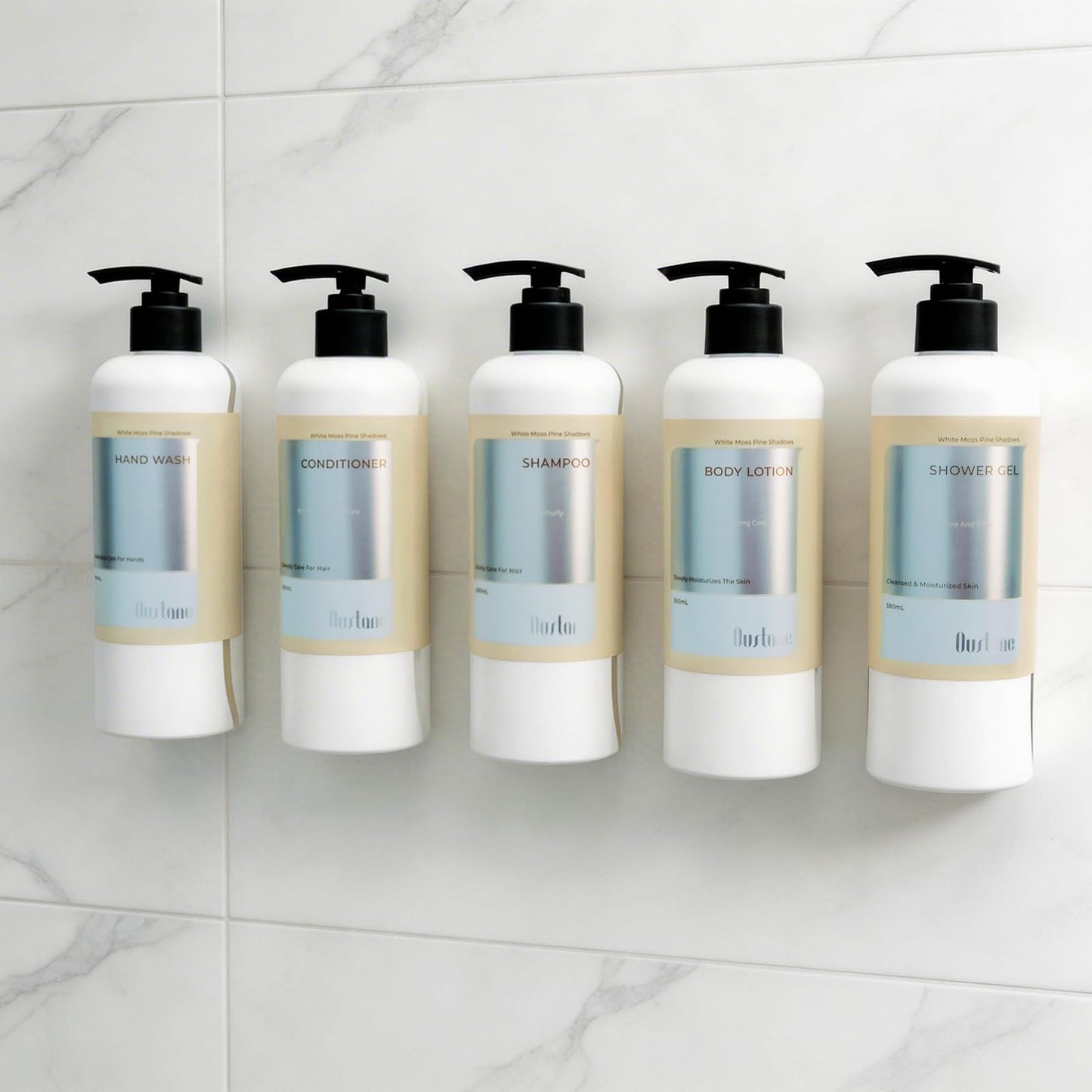 OUSTANE Floral White Moss Pine Shadows Hotel Toiletries Amenities Set (8 Pack) Bulk Hotel Amenities- 2-Shampoo, 2-Body Wash, 2-Hand Wash, 1-Conditioner and 1-Body Lotion, With bracket