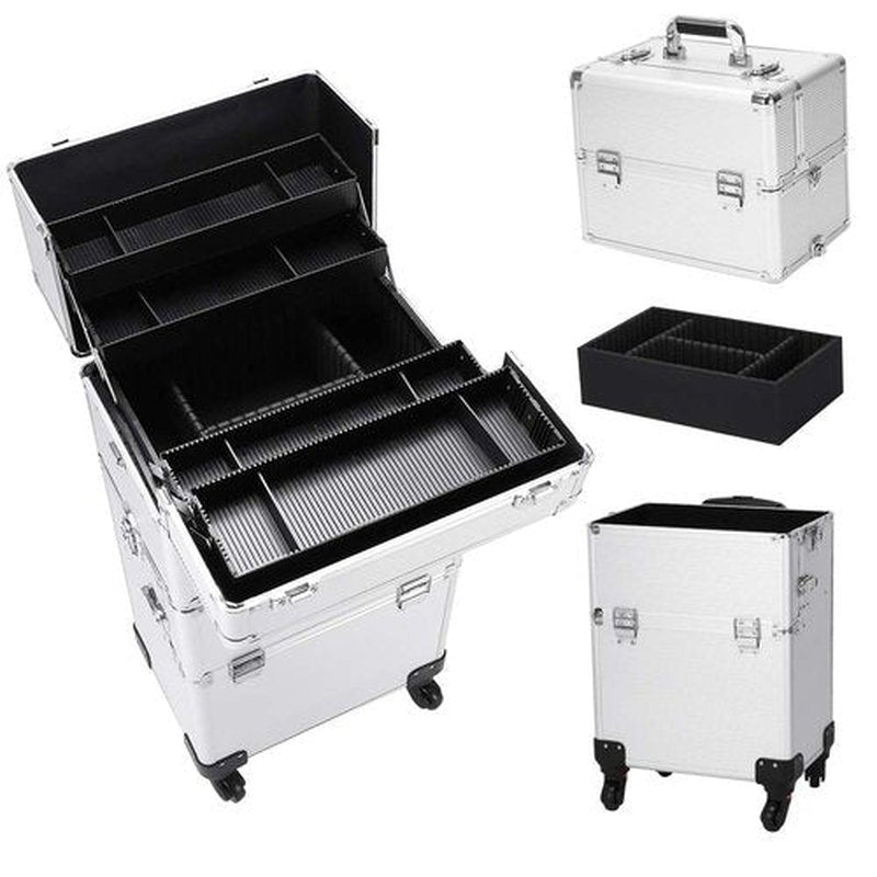 Karl home 3 in 1 Makeup Train Case Rolling Cosmetic Trolley Large Capacity Travel Organizer with Key 360°Swivel Wheels Suitcase for Beauticians Hairstylists Nail Tech Students, Silver