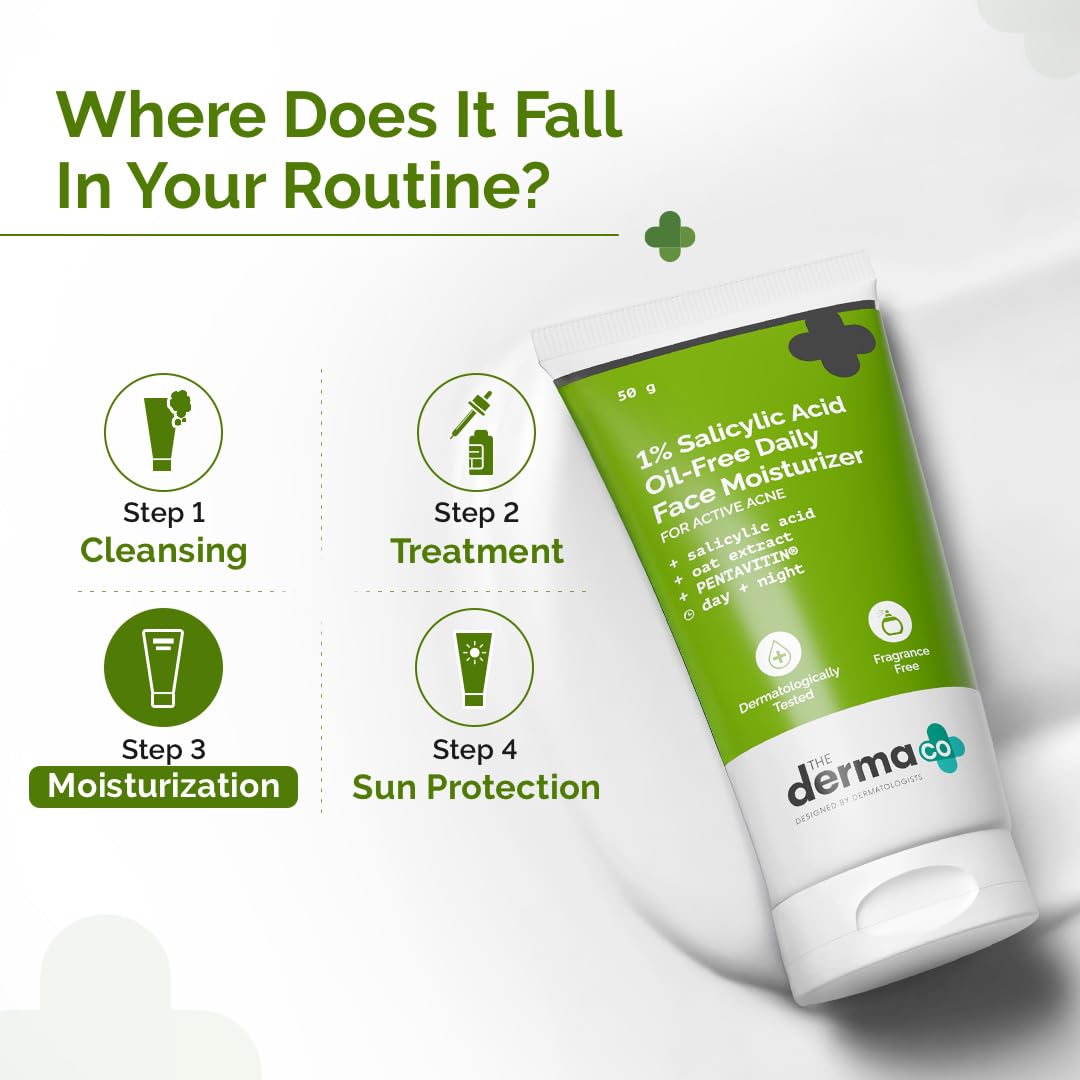 The Derma Co 1% Salicylic Acid Oil-Free Moisturizer For Face with Oat Extract Fights Active Acne Deeply Moisturizes 50 g